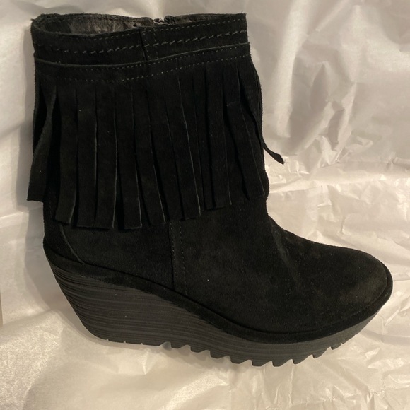 Fly London Black Fringe Ankle Wedge Booties - Picture 4 of 5
